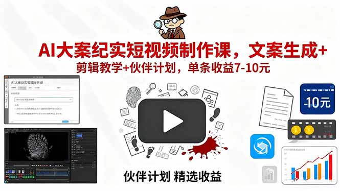 AI大案纪实短视频制作技巧：文案创作+剪辑实操+伙伴计划-单条收益赚7-10元-资源网站