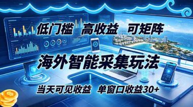 海外智能采集搬砖玩法：零门槛矩阵操作-当天见效-单窗口日入30+-资源网站